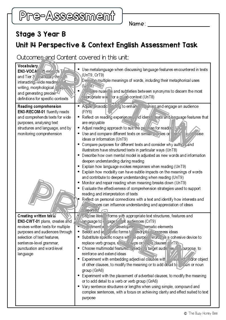 Stage 3 Year B English Pre- and Post-Assessment Unit 14 Perspective & Context -