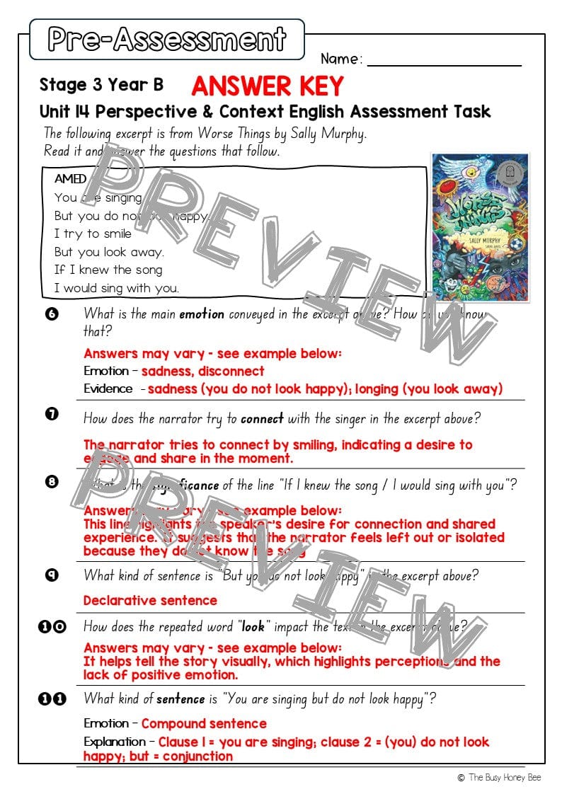 Stage 3 Year B English Pre- and Post-Assessment Unit 14 Perspective & Context -