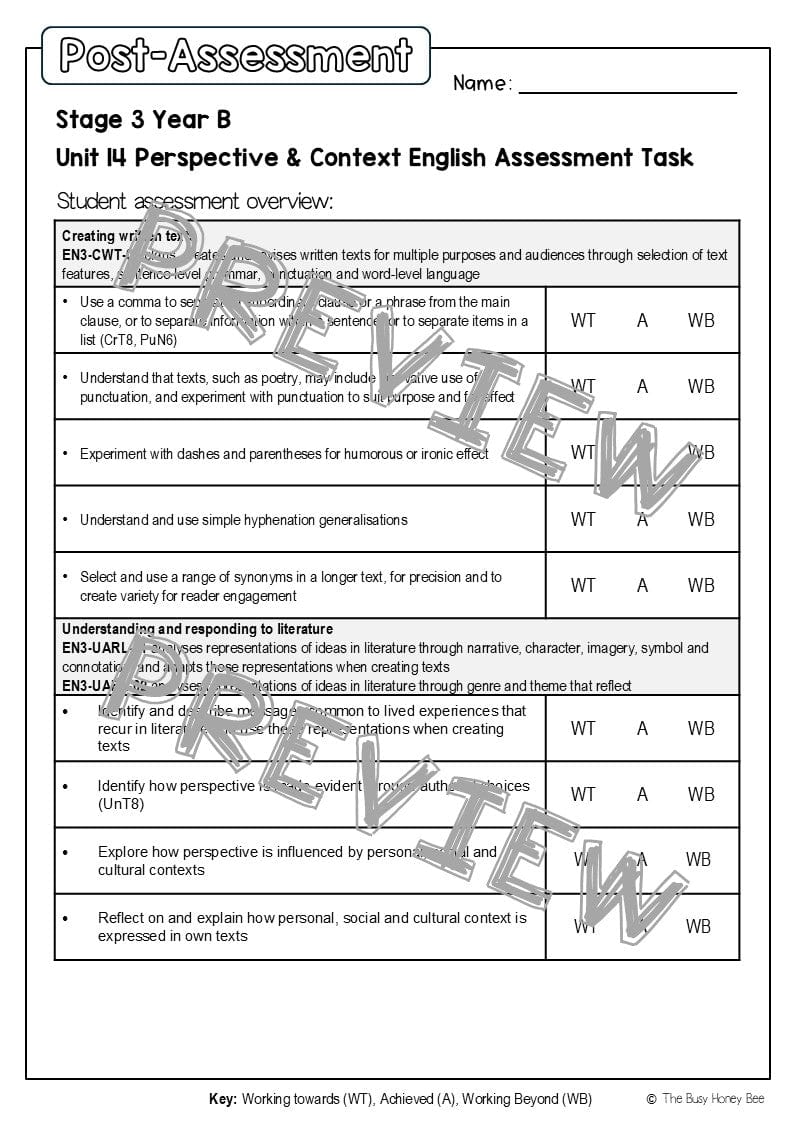 Stage 3 Year B English Pre- and Post-Assessment Unit 14 Perspective & Context -