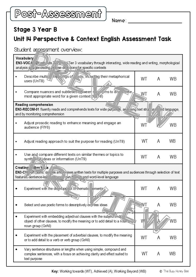 Stage 3 Year B English Pre- and Post-Assessment Unit 14 Perspective & Context -