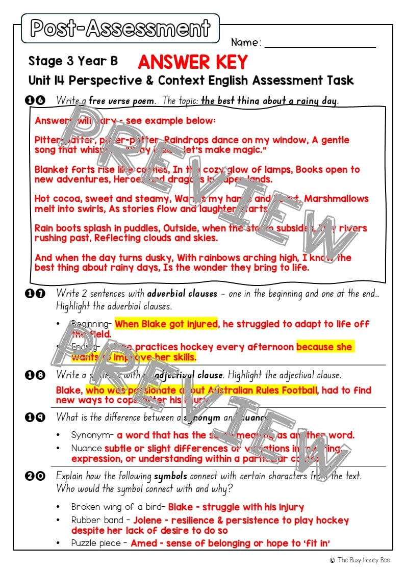 Stage 3 Year B English Pre- and Post-Assessment Unit 14 Perspective & Context -