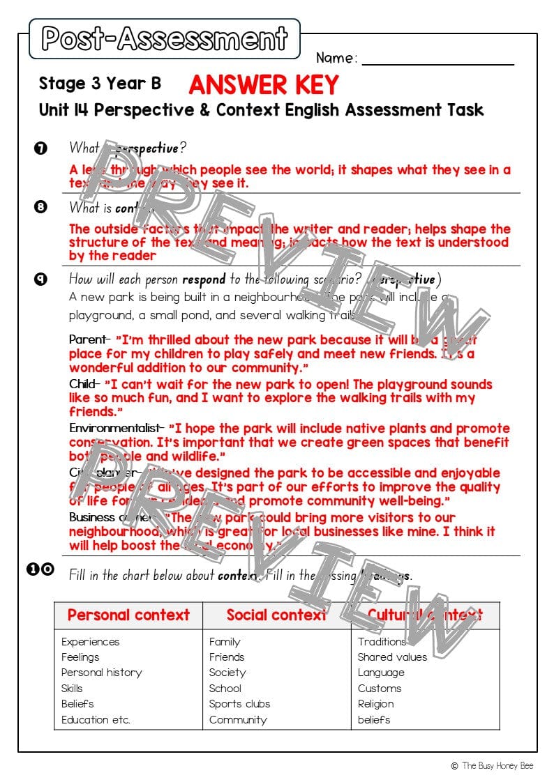 Stage 3 Year B English Pre- and Post-Assessment Unit 14 Perspective & Context -