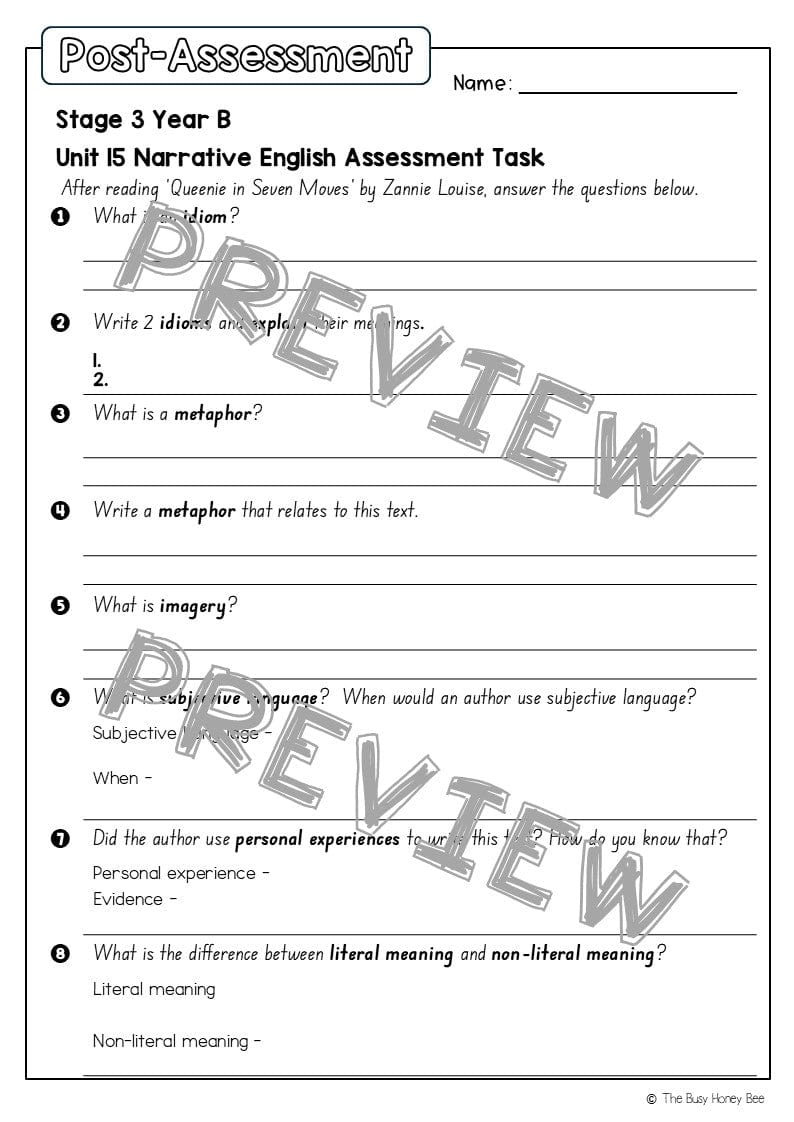 Stage 3 Year B English Pre- and Post-Assessment Unit 15 Narrative -