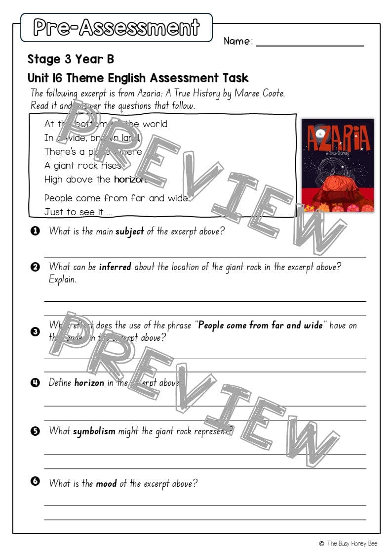 Stage 3 Year B English Pre- and Post-Assessment Unit 16 Theme -