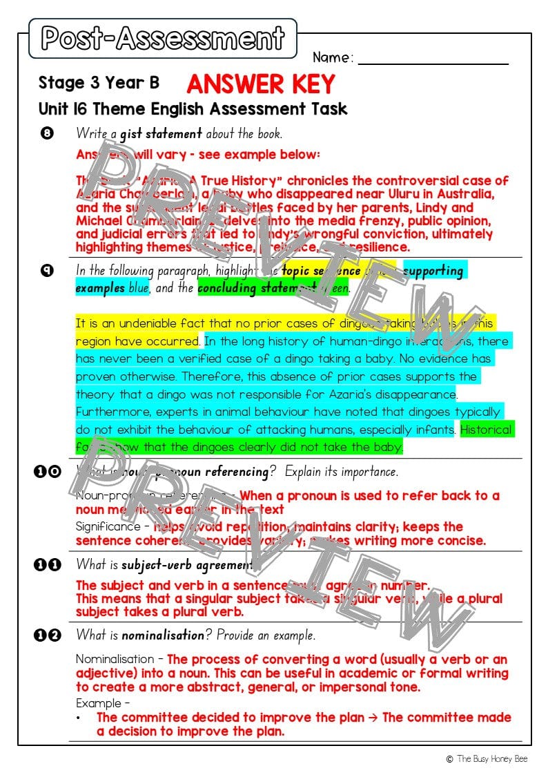 Stage 3 Year B English Pre- and Post-Assessment Unit 16 Theme -