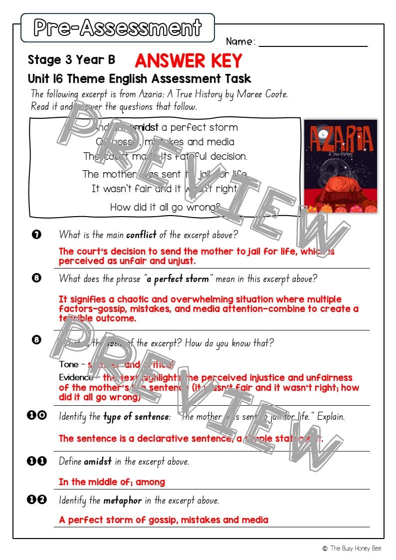 Stage 3 Year B English Pre- and Post-Assessment Unit 16 Theme -