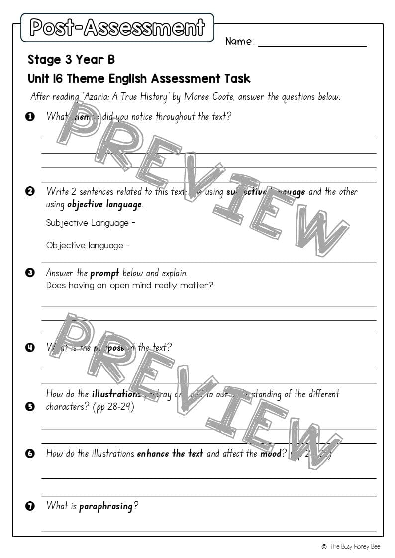 Stage 3 Year B English Pre- and Post-Assessment Unit 16 Theme -