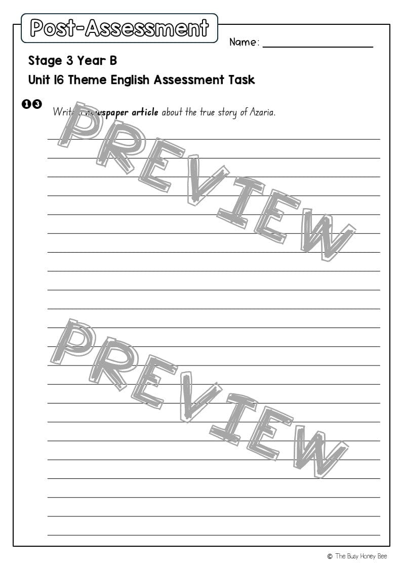 Stage 3 Year B English Pre- and Post-Assessment Unit 16 Theme -