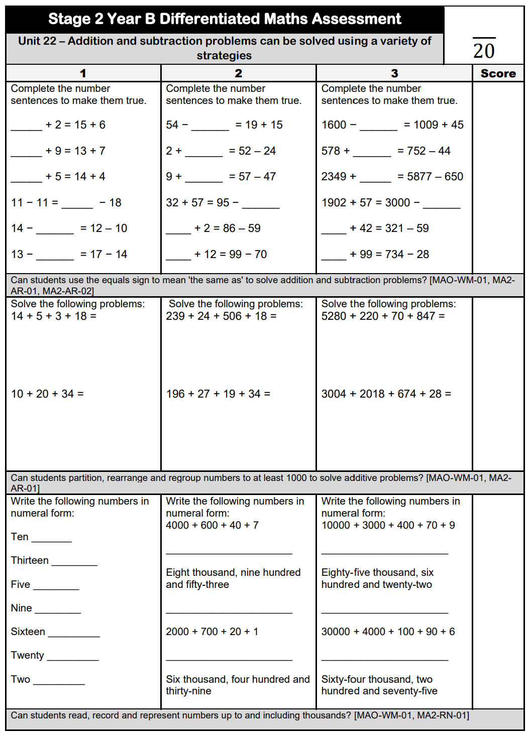 Stage 2 Year B Differentiated Maths Assessment Unit 22 – The Busy Honey Bee