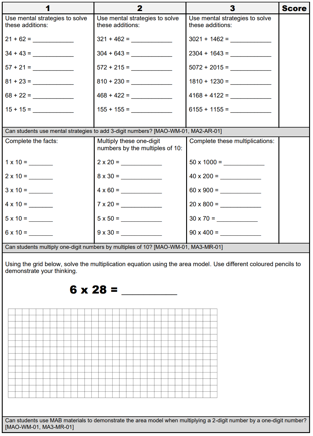 Stage 3 Year A Differentiated Maths Assessment Unit 1 – The Busy Honey Bee