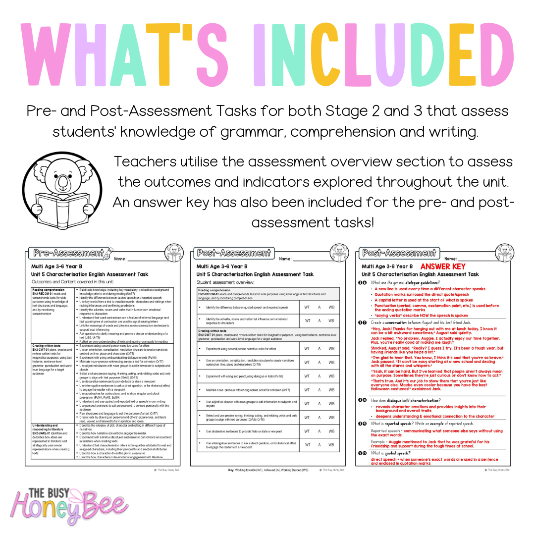 Multi Age 3-6 Year B English Pre- and Post-Assessment Unit 5 Characterisation