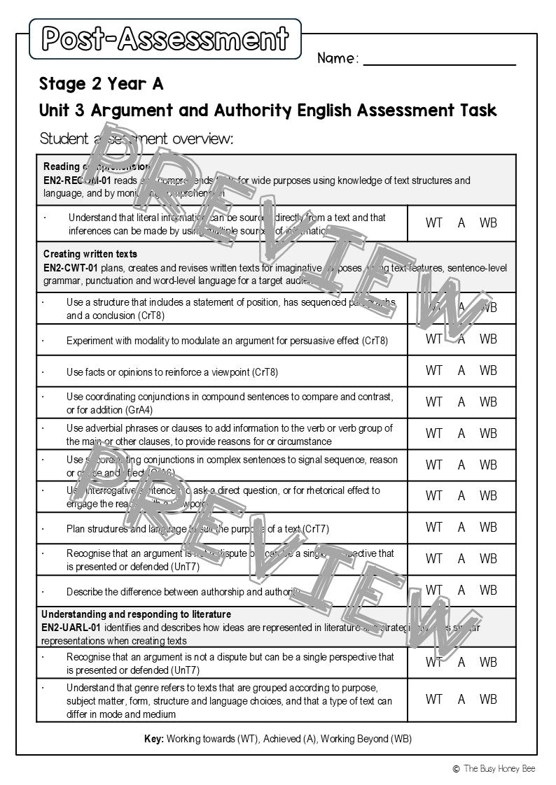 Stage 2 Year A English Pre- and Post-Assessment Unit 3 Argument and Authority