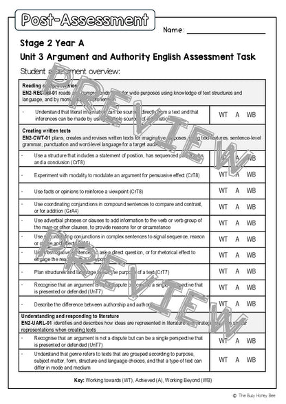 Stage 2 Year A English Pre- and Post-Assessment Unit 3 Argument and Authority