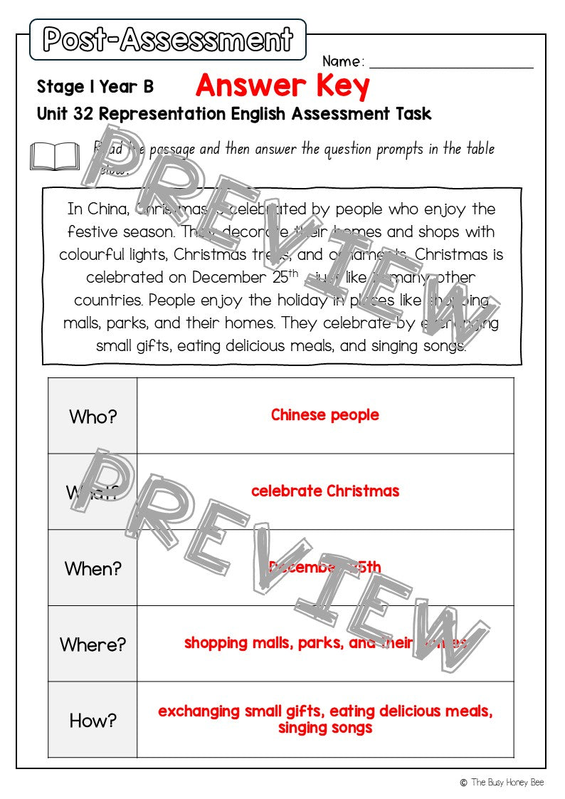 Stage 1 Year B English Pre- and Post-Assessment Unit 32