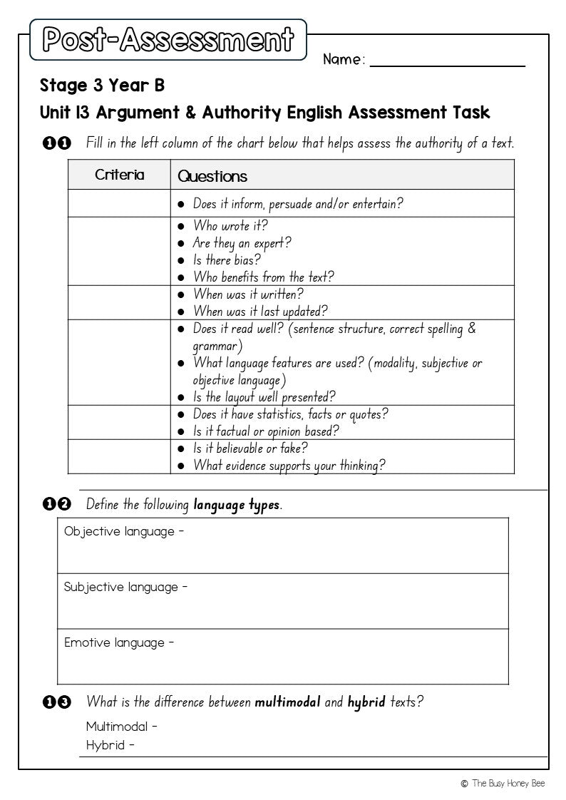 Stage 3 Year B English Pre- and Post-Assessment Unit 13 Argument and authority