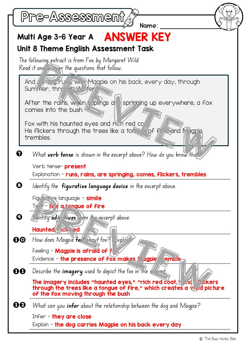 Multi Age 3-6 Year A English Pre- and Post-Assessment Unit 8 Theme