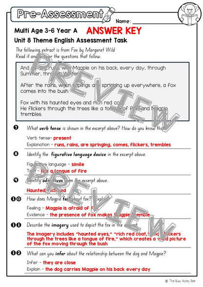 Multi Age 3-6 Year A English Pre- and Post-Assessment Unit 8 Theme