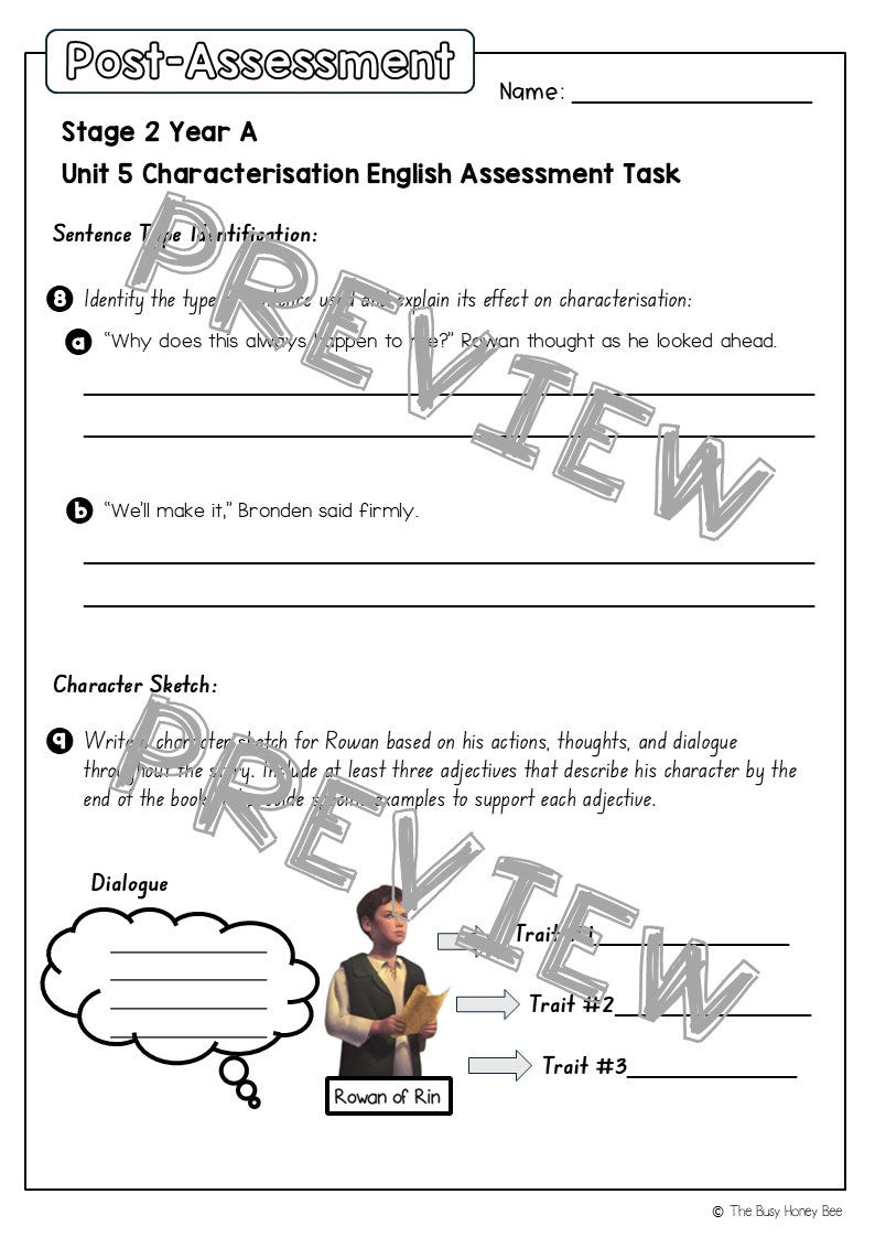 Stage 2 Year A English Pre- and Post-Assessment Unit 5 Characterisation