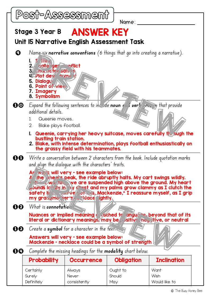 Stage 3 Year B English Pre- and Post-Assessment Unit 15 Narrative