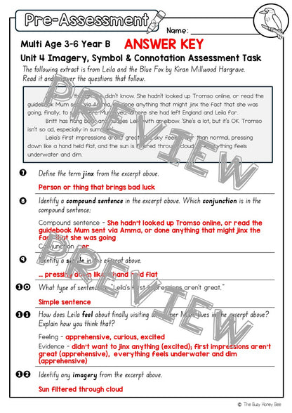 Multi Age 3-6 Year B English Pre- and Post-Assessment Unit 4 Imagery, symbol and connotation