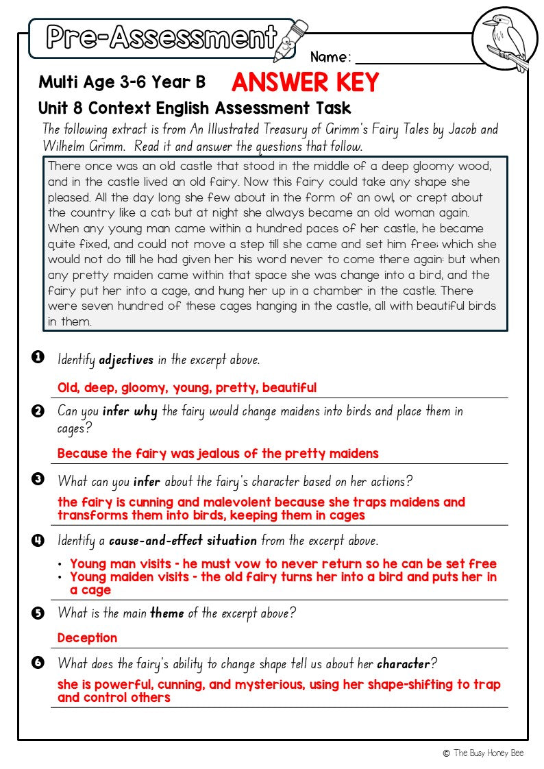 Multi Age 3-6 Year B English Pre- and Post-Assessment Unit 8 Context