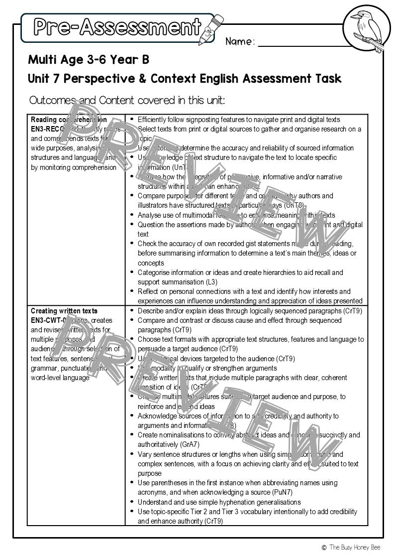 Multi Age 3-6 Year B English Pre- and Post-Assessment Unit 7 Perspective & Context