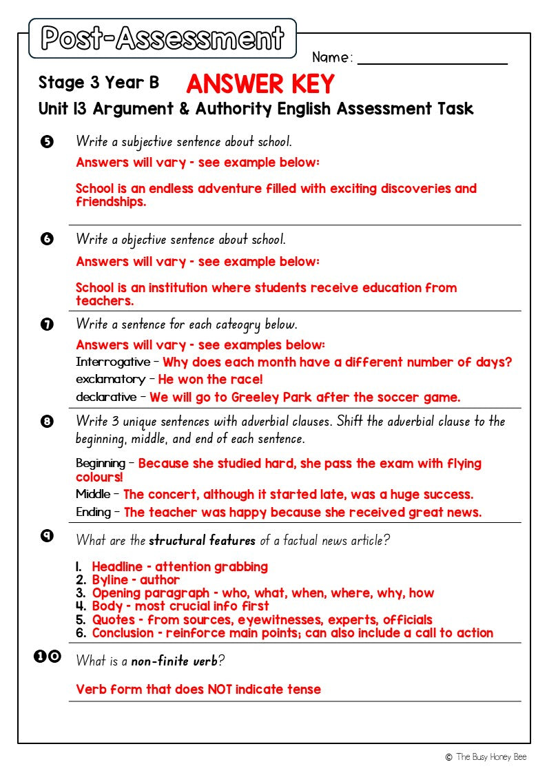 Stage 3 Year B English Pre- and Post-Assessment Unit 13 Argument and authority