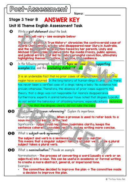 Stage 3 Year B English Pre- and Post-Assessment Unit 16 Theme