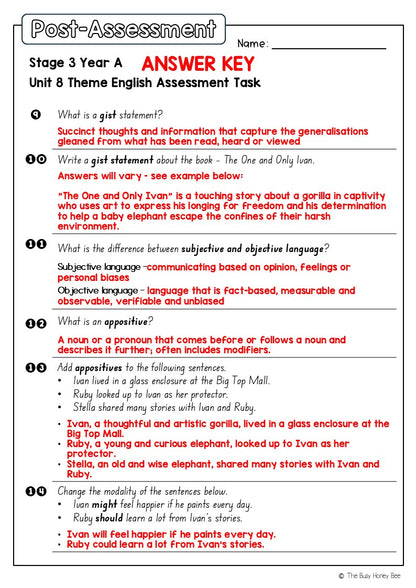 Stage 3 Year A English Pre- and Post-Assessment Unit 8 Theme