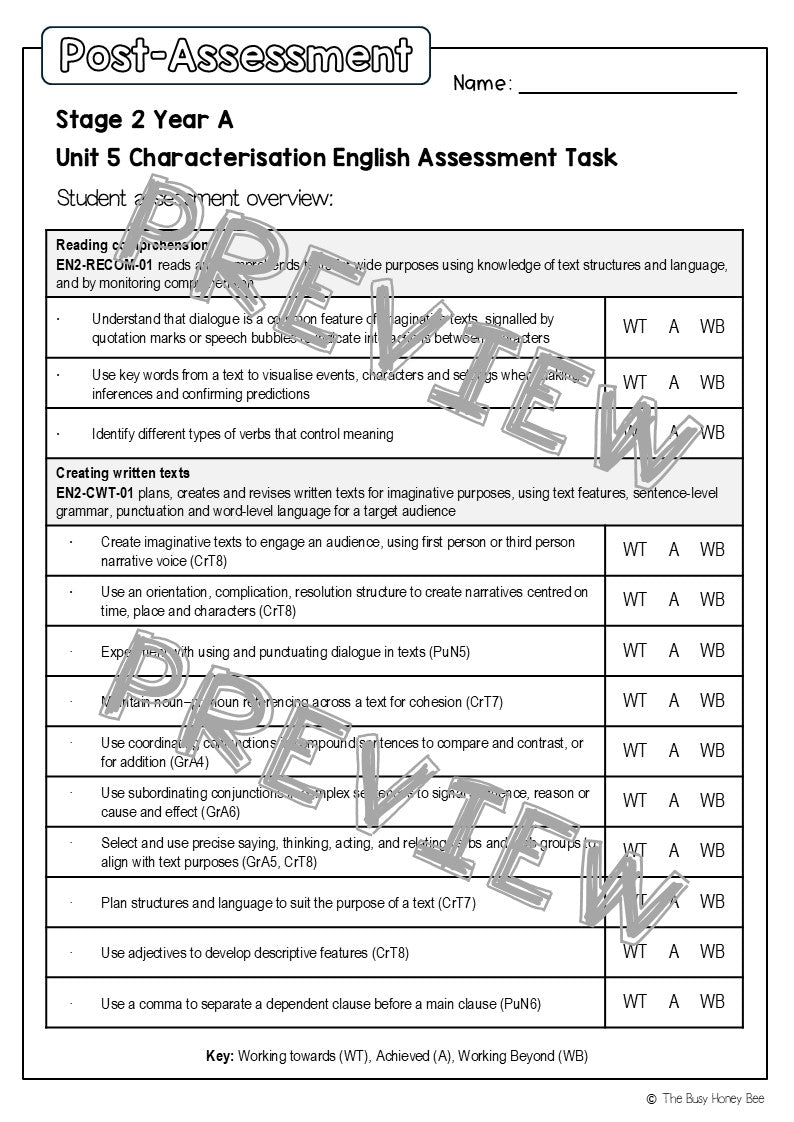 Stage 2 Year A English Pre- and Post-Assessment Unit 5 Characterisation