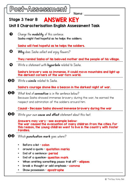 Stage 3 Year B English Pre- and Post-Assessment Unit 11 Characterisation