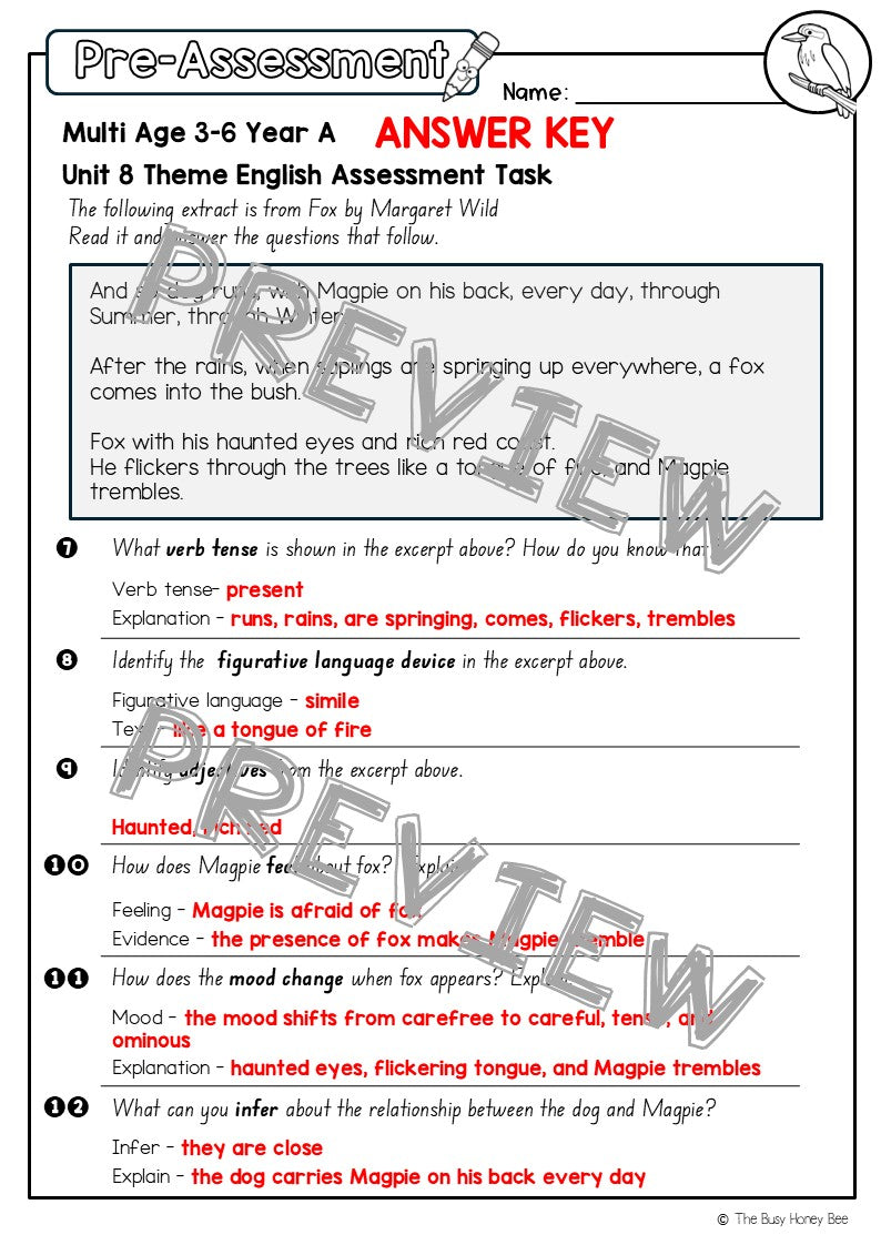 Multi Age 3-6 Year A English Pre- and Post-Assessment Unit 8 Theme