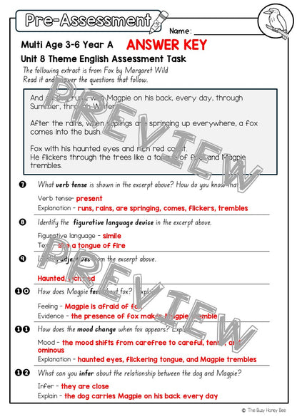 Multi Age 3-6 Year A English Pre- and Post-Assessment Unit 8 Theme