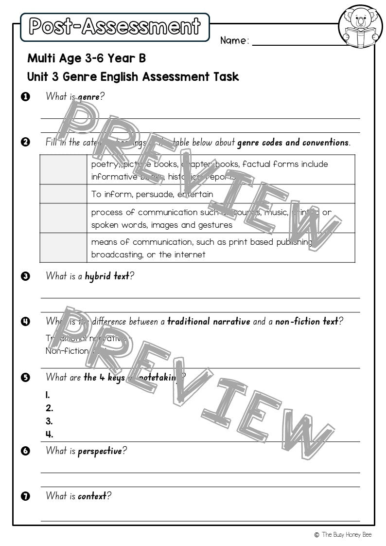 Multi Age 3-6 Year B English Pre- and Post-Assessment Unit 3 Genre