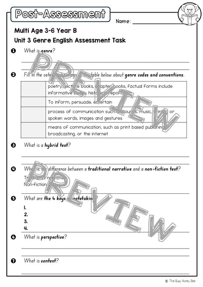 Multi Age 3-6 Year B English Pre- and Post-Assessment Unit 3 Genre