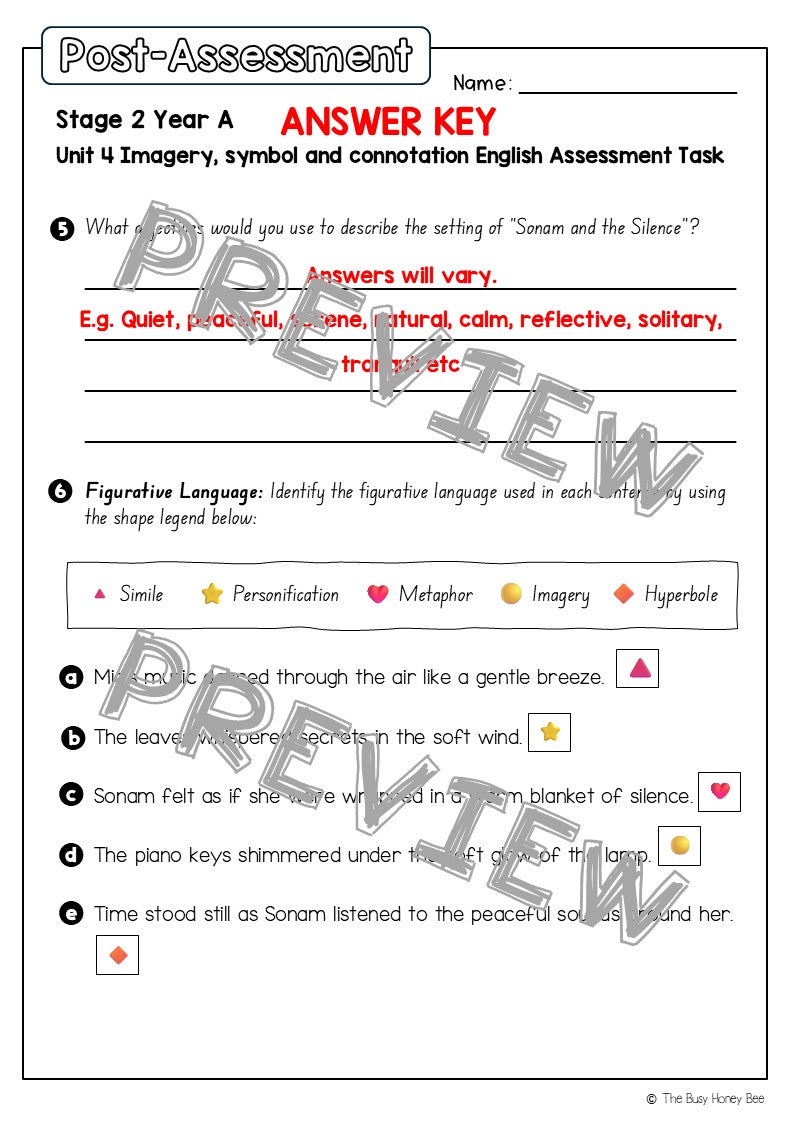 Stage 2 Year A English Pre- and Post-Assessment Unit 4 Imagery, Symbol and Connotation