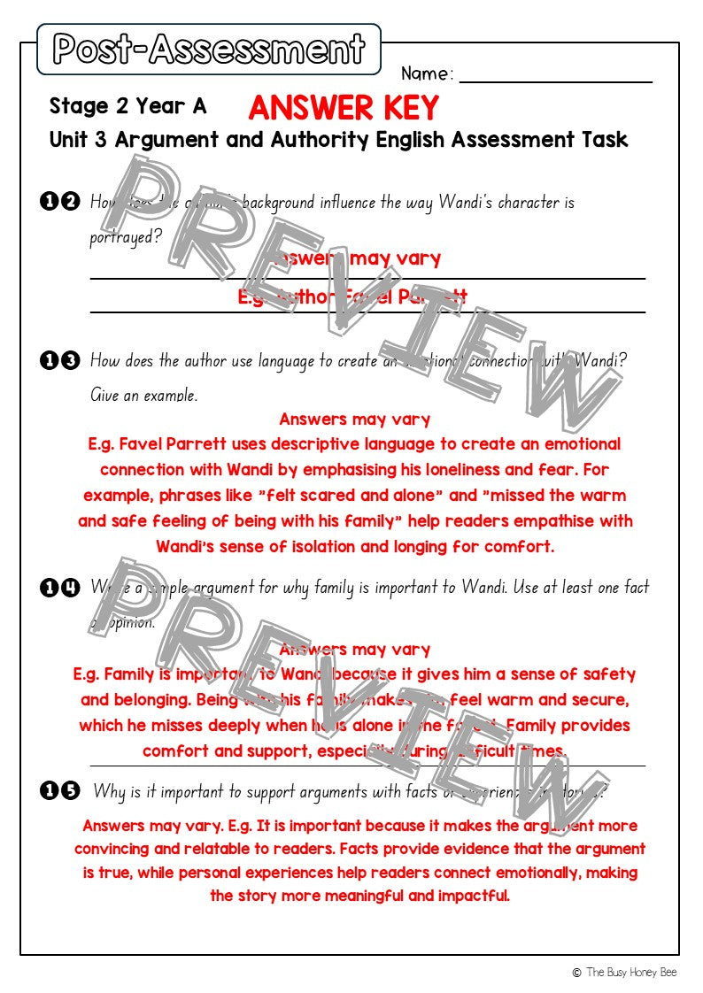 Stage 2 Year A English Pre- and Post-Assessment Unit 3 Argument and Authority