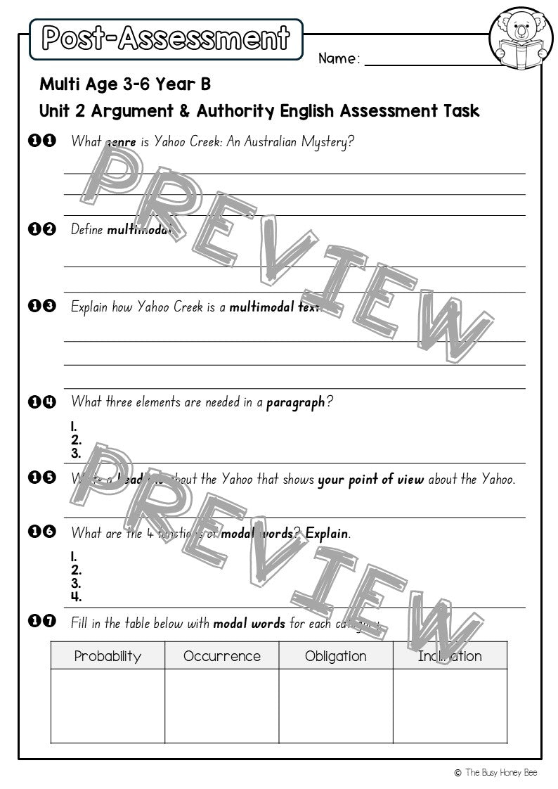 Multi Age 3-6 Year B English Pre- and Post-Assessment Unit 2 Argument and Authority