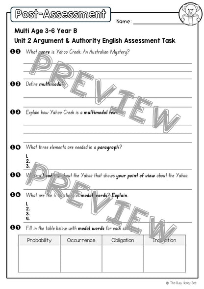 Multi Age 3-6 Year B English Pre- and Post-Assessment Unit 2 Argument and Authority