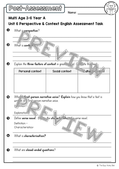 Multi Age 3-6 Year A English Pre- and Post-Assessment Unit 6 Perspective and Context