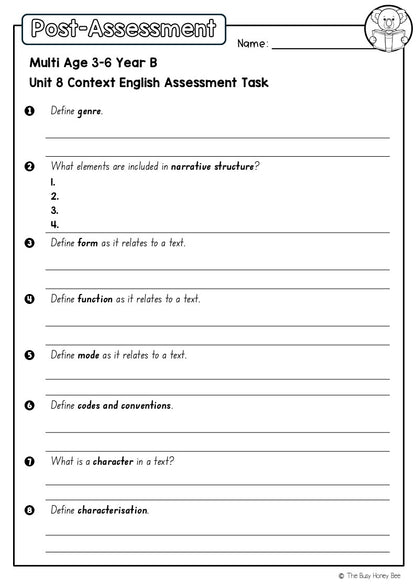 Multi Age 3-6 Year B English Pre- and Post-Assessment Unit 8 Context