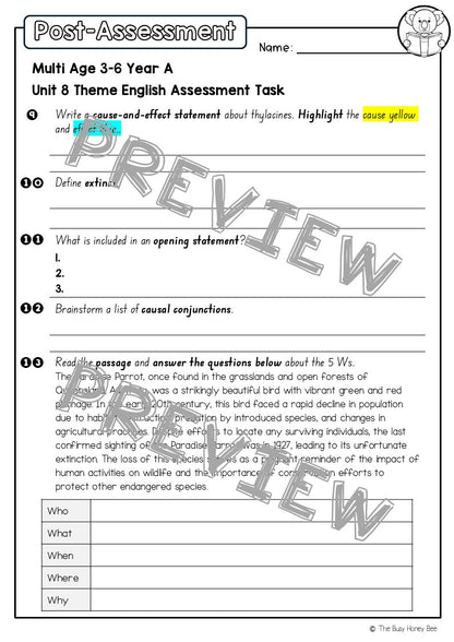 Multi Age 3-6 Year A English Pre- and Post-Assessment Unit 8 Theme