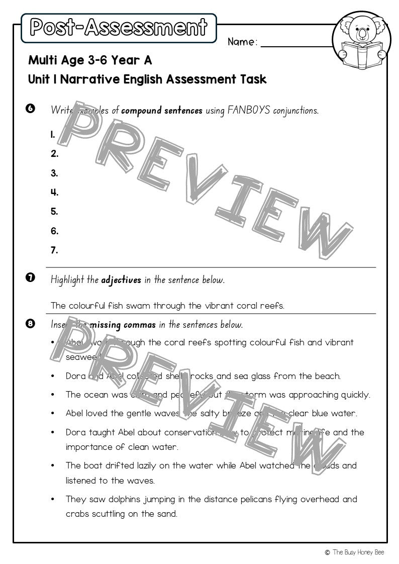 Multi Age 3-6 Year A English Pre- and Post-Assessment Unit 1 Narrative