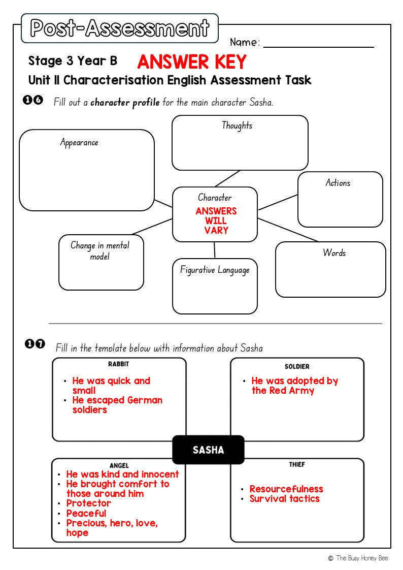 Stage 3 Year B English Pre- and Post-Assessment Unit 11 Characterisation