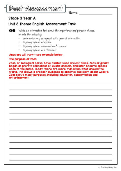 Stage 3 Year A English Pre- and Post-Assessment Unit 8 Theme