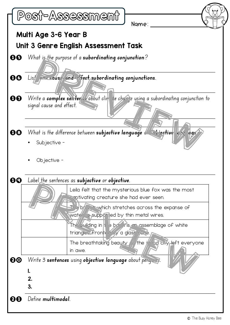 Multi Age 3-6 Year B English Pre- and Post-Assessment Unit 3 Genre