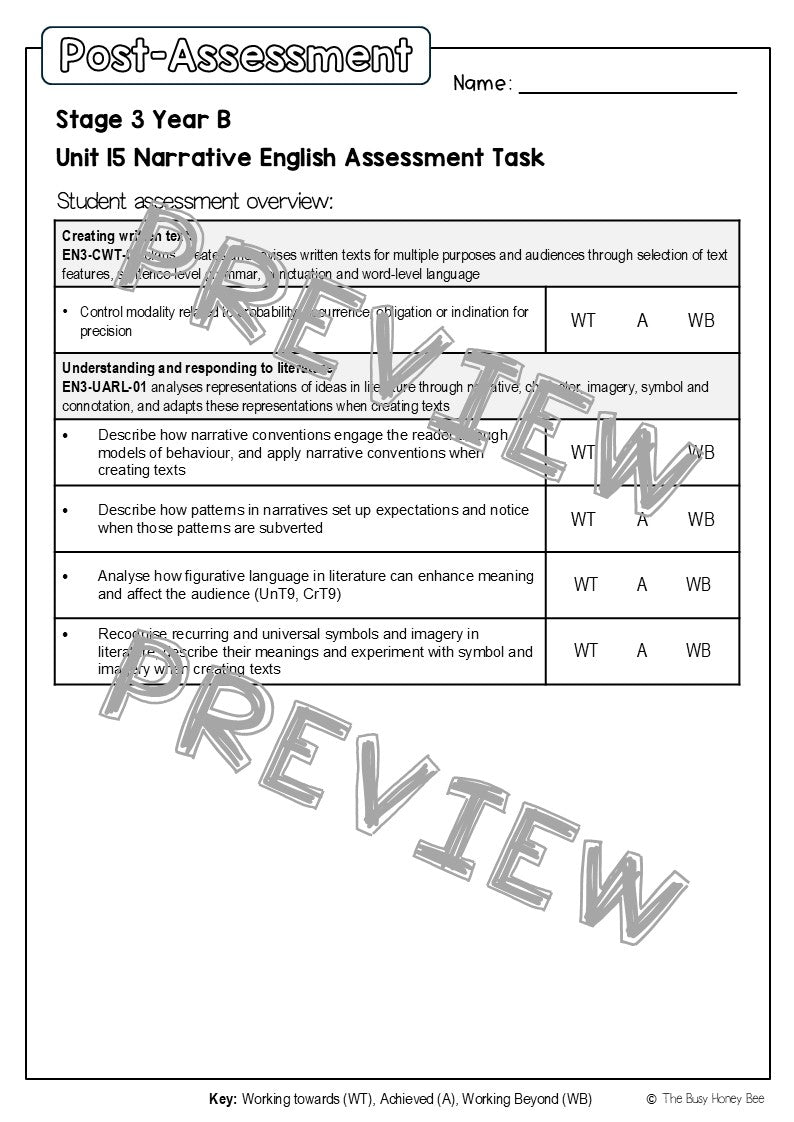 Stage 3 Year B English Pre- and Post-Assessment Unit 15 Narrative