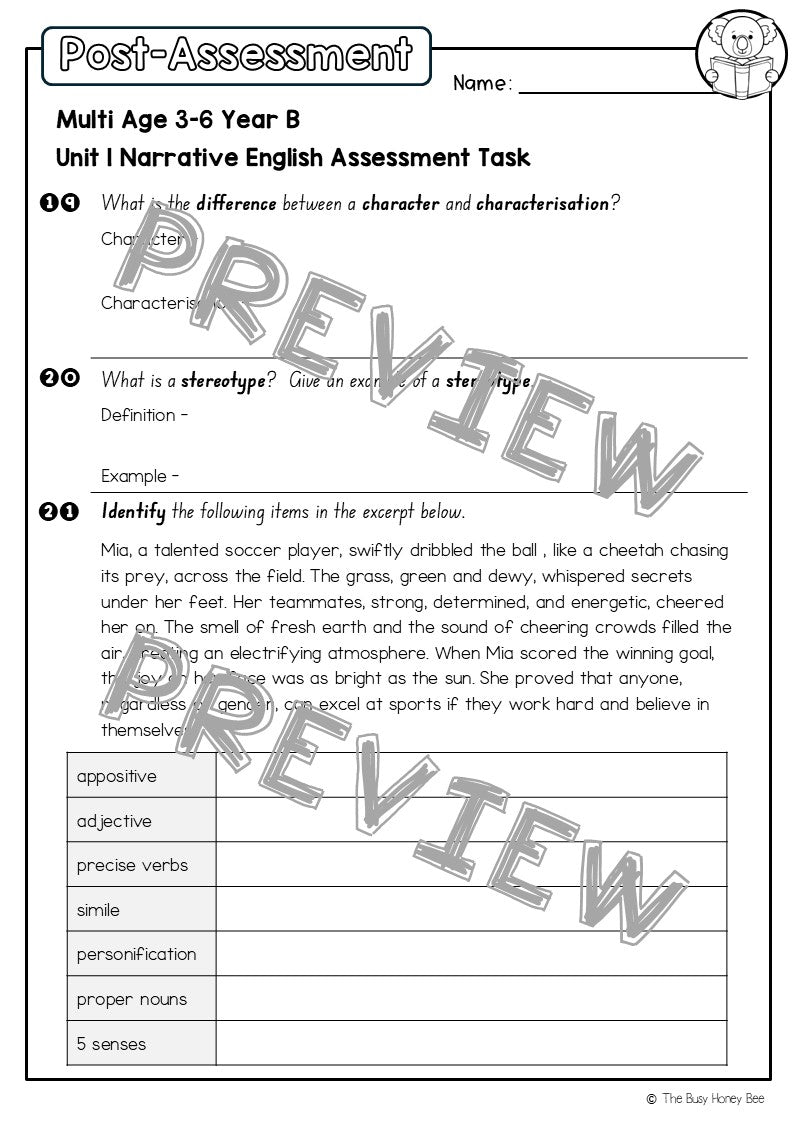 Multi Age 3-6 Year B English Pre- and Post-Assessment Unit 1 Narrative