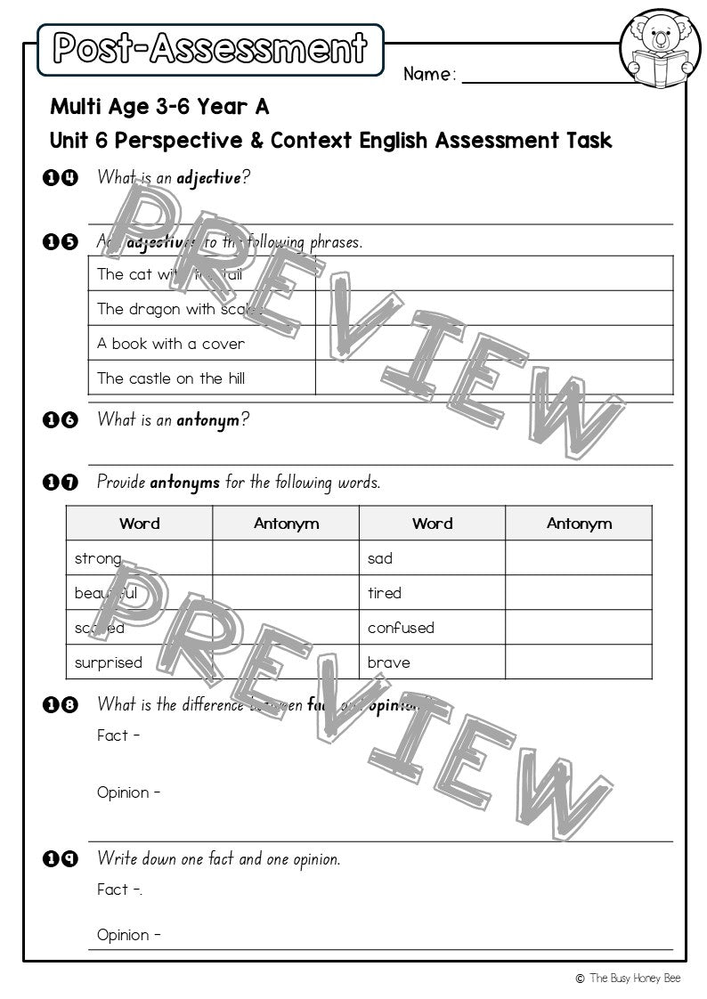 Multi Age 3-6 Year A English Pre- and Post-Assessment Unit 6 Perspective and Context