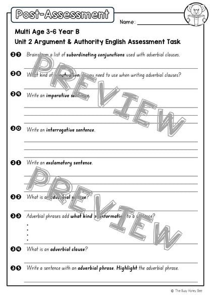 Multi Age 3-6 Year B English Pre- and Post-Assessment Unit 2 Argument and Authority